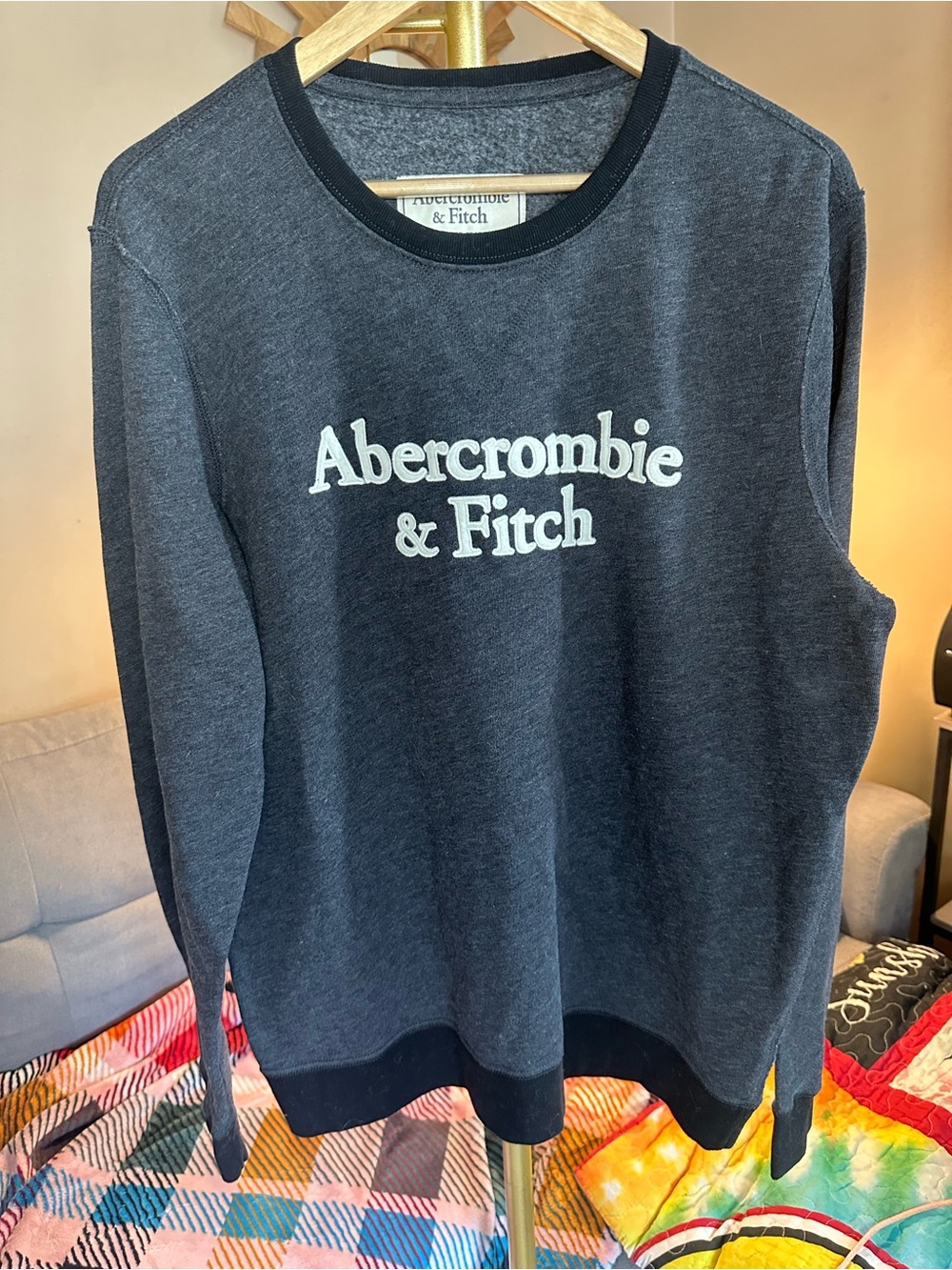 Abercrombie & Fitch Charcoal Grey Black Crewneck Sweatshirt with White Logo
